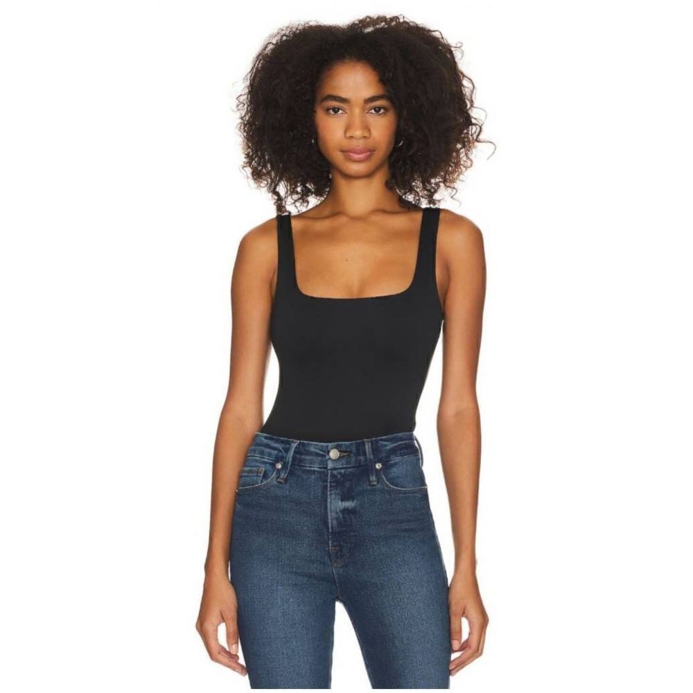 Good American One Piece Bodysuit Womens 0 Black Square Neck Wide Strap Stretch‎